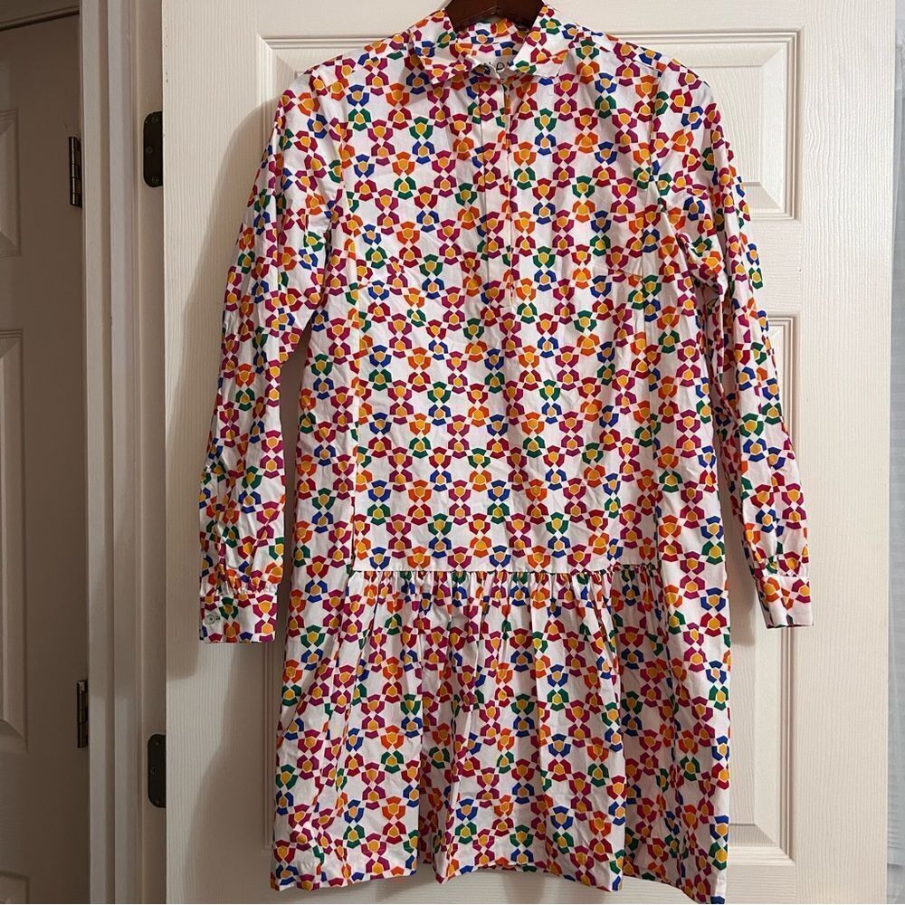 Saloni Geometric Long Sleeve Poplin Shirtdress Ruffle Hem US 4 - Picture 3 of 8